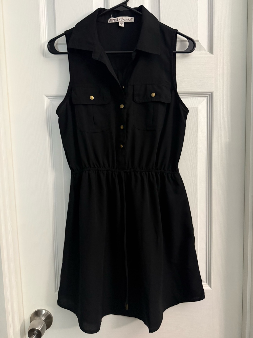 Gypsies & Moondust Black Sleeveless Shirt Dress with Gold Accents